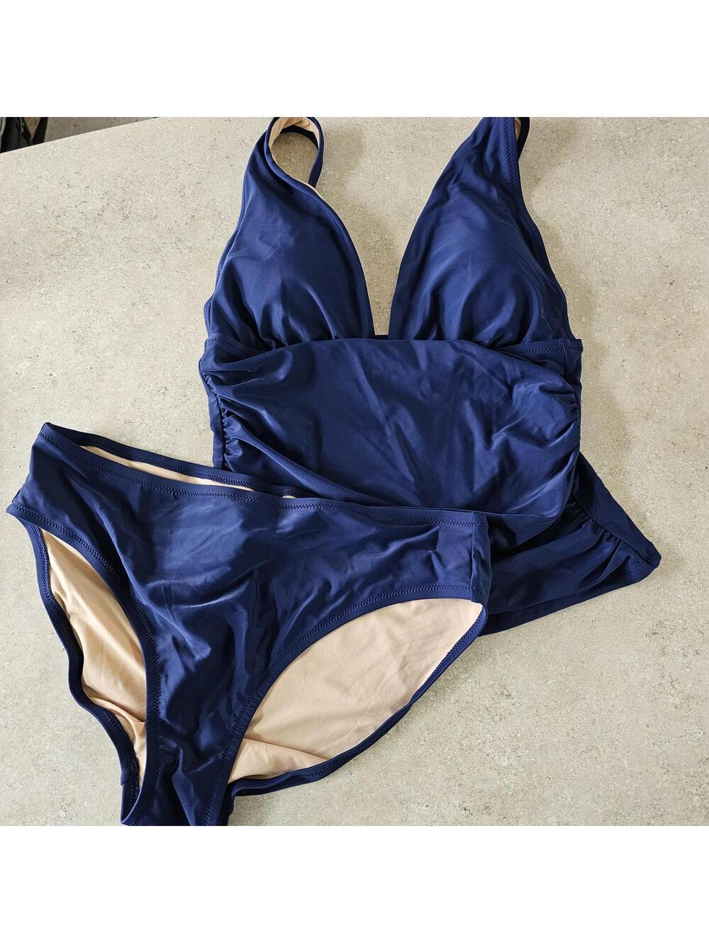 J.Crew Reversible Navy and Beige Two-Piece Swimwear Set, Size M